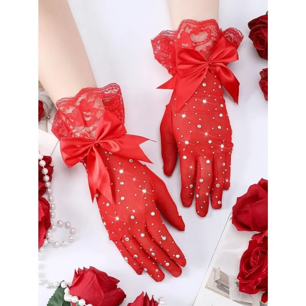 Women's Evening Rhinestones Red Short Lace Bow Gloves Accessories Halloween